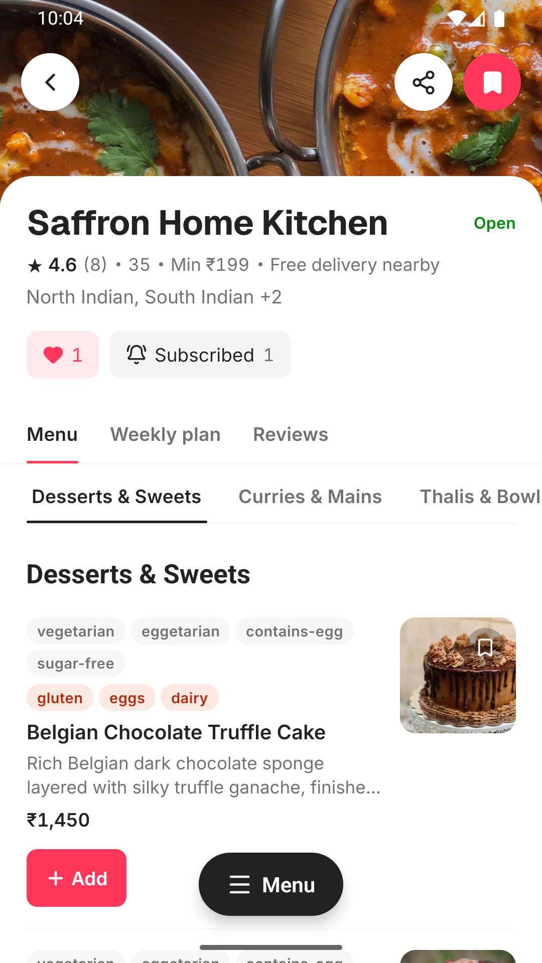 A home kitchen's menu inside the Fe3dr app, showing dish photos, dietary tags and prices