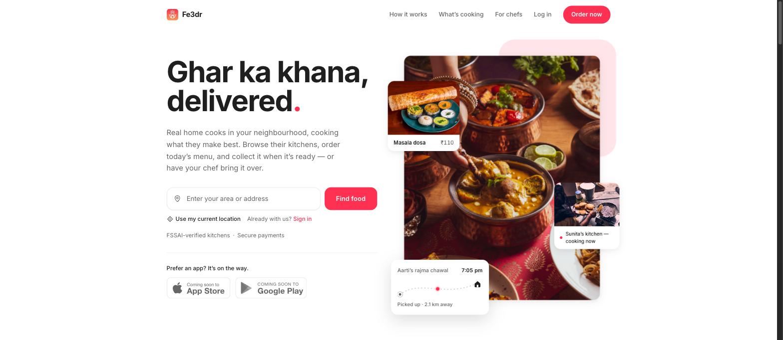 The Fe3dr homepage, headlined “Ghar ka khana, delivered,” showing home-cooked dishes on offer and a live delivery tracker