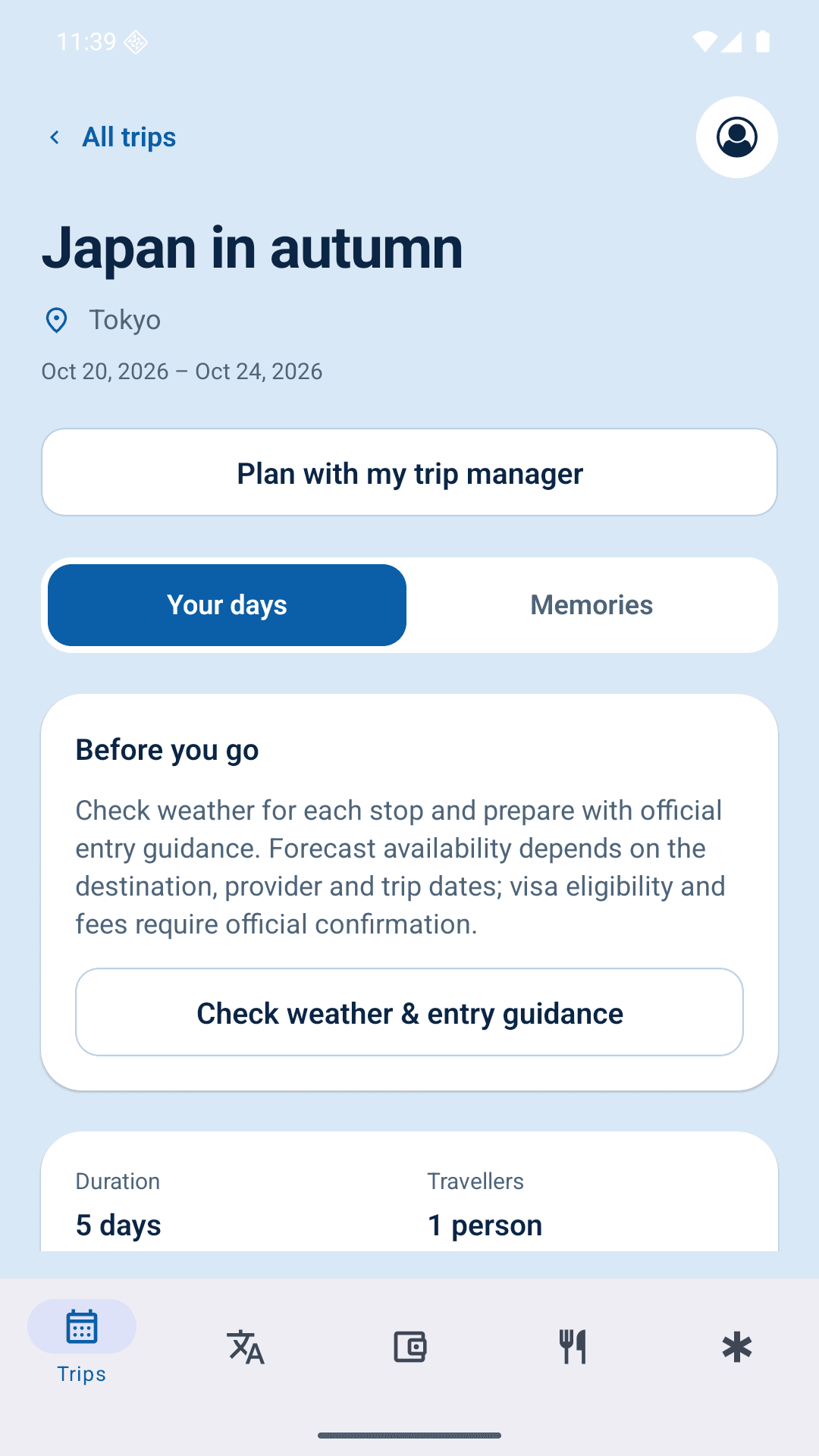 A Roamie trip overview for “Japan in autumn” in Tokyo, with the trip manager and a before-you-go checklist